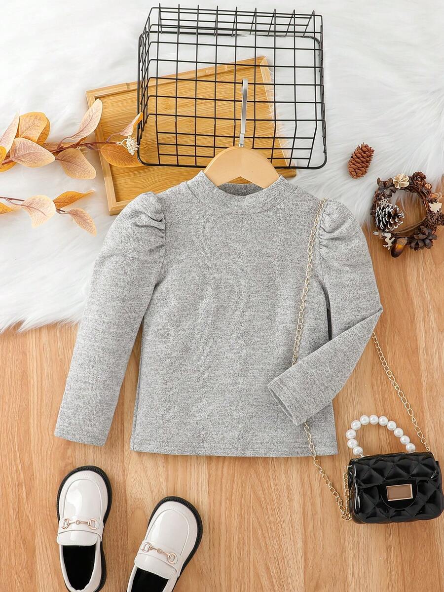 SHEIN 女小童泡泡袖小高領T恤 - 灰色 - 查看 1