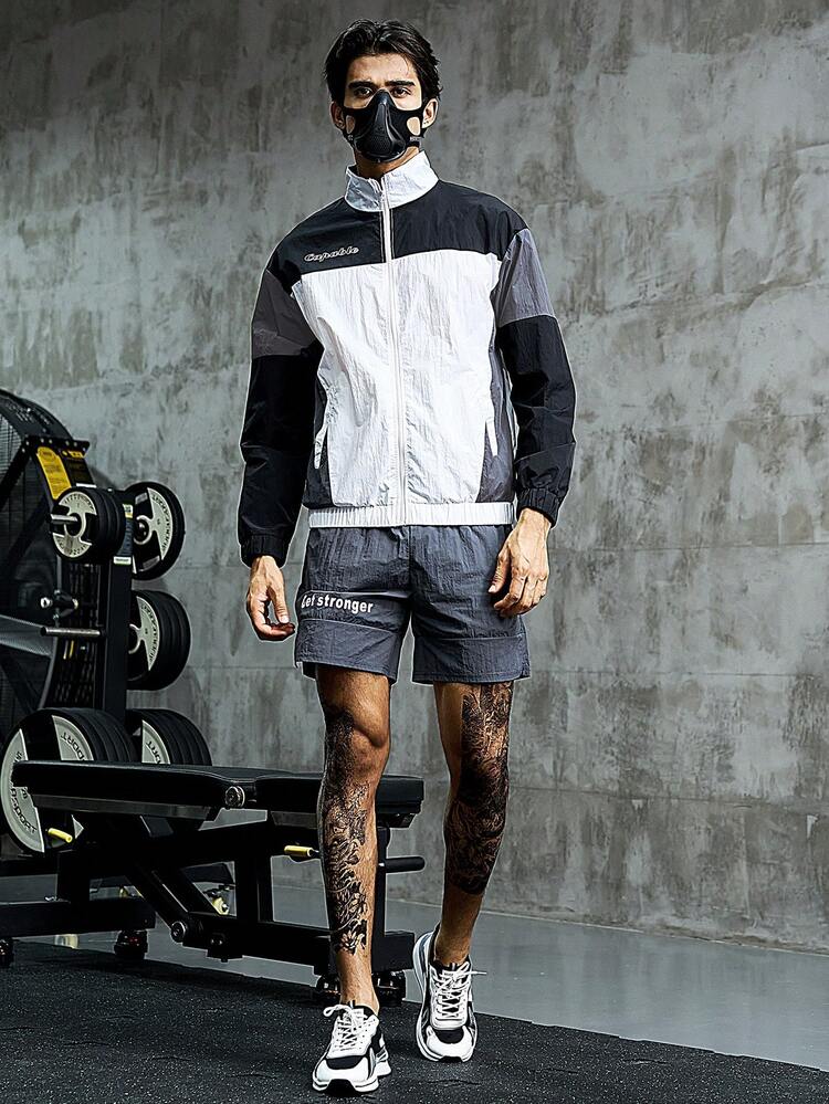 Boyfriend Style Men Colorblock Letter Embroidery Zip Up Sports Jacket Workout Tops Sports Jacket