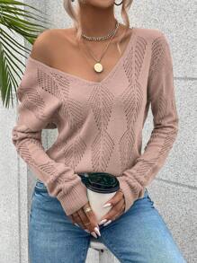 SHEIN Unity Chất rắn Cổ v Dệt kim chấm bi Thả vai Áo len - Bụi hồng - Xem 1