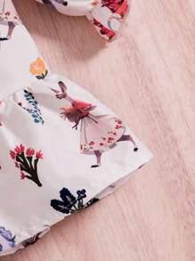 嬰幼兒女童對比領花卉卡通印花連衣裙,適用於秋冬季 - 白色 - 查看 3