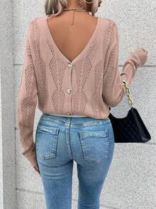 SHEIN Unity Chất rắn Cổ v Dệt kim chấm bi Thả vai Áo len - Bụi hồng - Xem 4