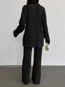 SHEIN Cottnline Solid Button Front Shirt & Wide Leg Pants - Black - View 2