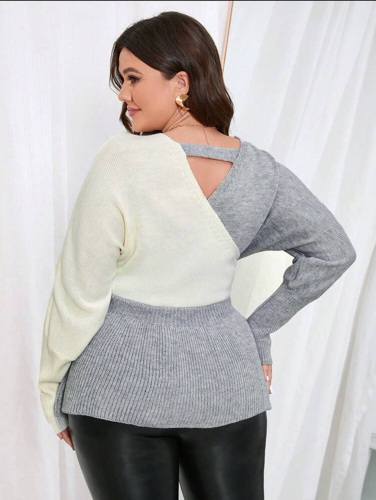 Plus Two Tone Cut Out Back Wrap Peplum Sweater