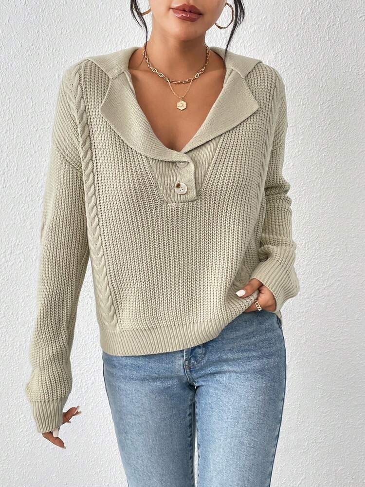 Lapel Neck Button Front Drop Shoulder Cable Knit Pullover Fall Winter Sweater