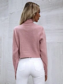 SHEIN LUNE High Neck Solid Sweater - Pink - View 2