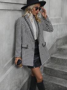SHEIN LUNE Houndstooth Print Shawl Collar Contrast Binding Blazer - Black - View 4