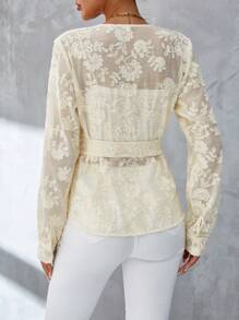 Aveloria Blusa floral jacquard con cinturón sin camisola