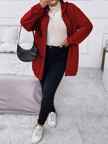 Flirla 大碼標語圖案落肩袖連帽夾克 - 紅色 - 查看 6