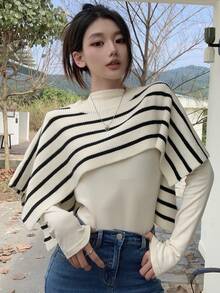 Dazy Star 1 Miếng Mẫu sọc Áo len Cape - Đen và trắng - Xem 6