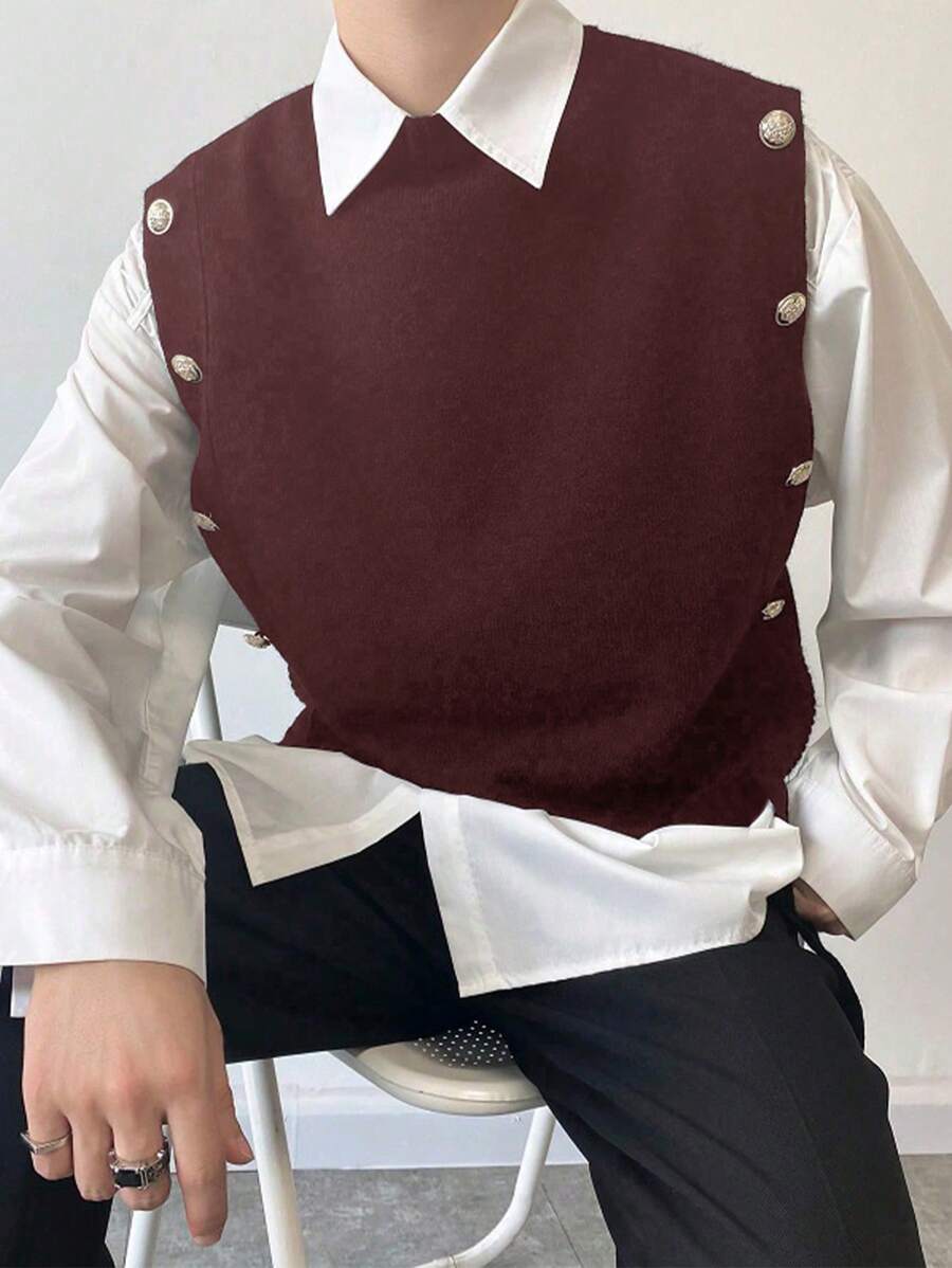 Manfinity Hypemode Lỏng lẻo Nam Có nút Áo len vest ( Áo sơ mi Không bao gồm ) - Màu Đỏ Sâu - Xem 1