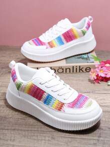 Colorblock Lace-up Front Skate Shoes - White - View 2