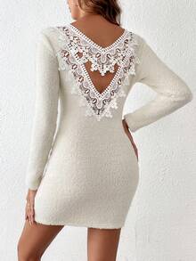 SHEIN Frenchy 水溶蕾絲拼接毛茸茸緊身洋裝 - 白色 - 查看 4