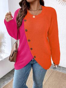 Calvaya Áo len chui đầu tay raglan phối hai tông màu, vạt áo bất đối xứng, chất liệu dệt kim, thích hợp cho mùa thu đông. - màu nâu - Xem 5