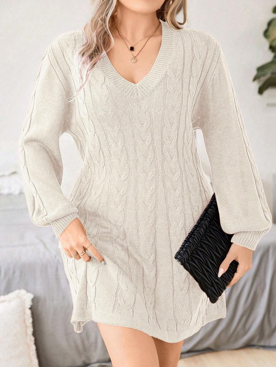 Calvaya Plus Cable Knit Lantern Sleeve Sweater Dress - Apricot - View 1