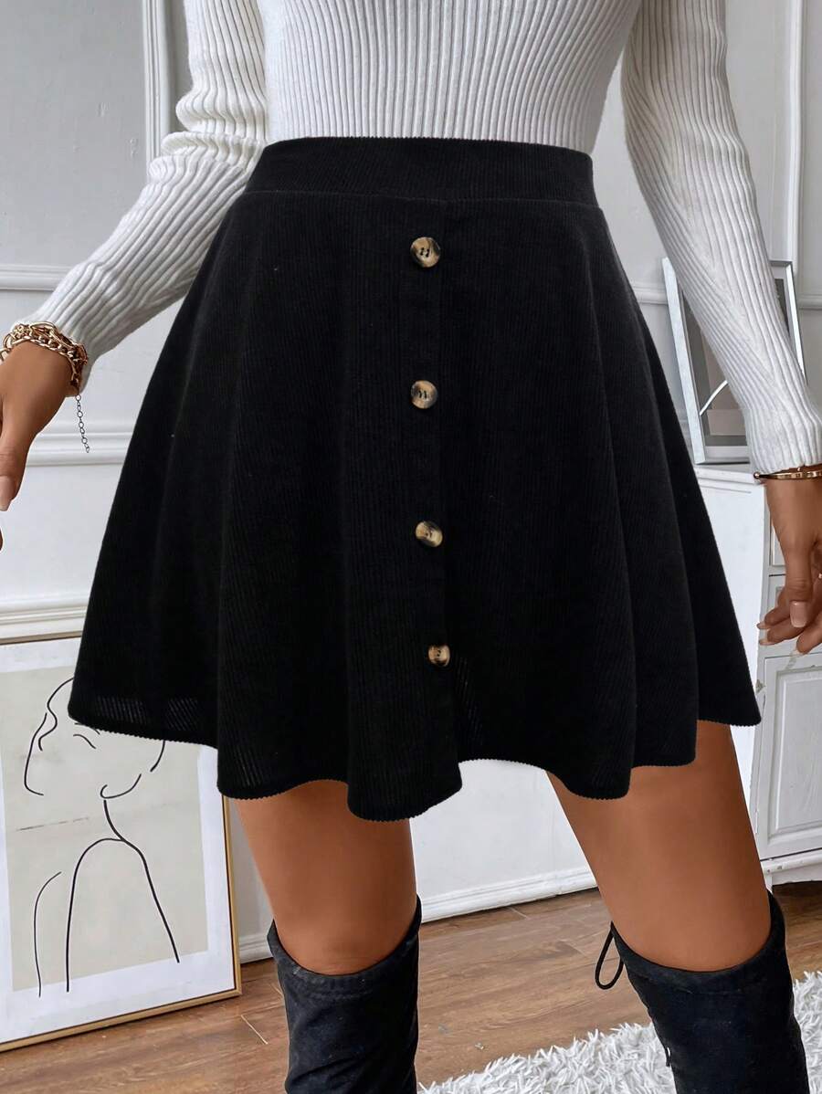 SHEIN LUNE 高腰單排釦喇叭半身裙 - 黑色 - 查看 1