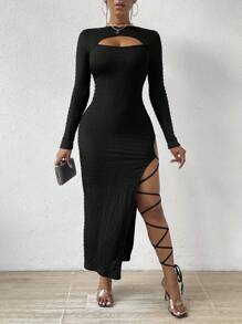 SHEIN SXY Cut Out Split Thigh Dress - Black - View 6