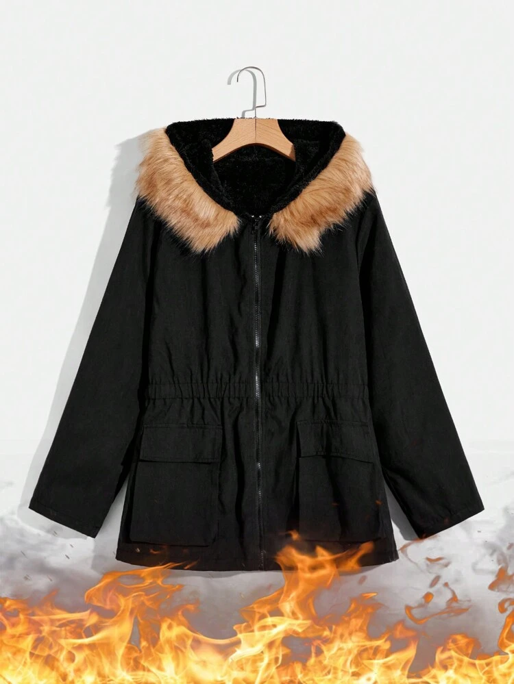 Men Fuzzy Hooded Flap Pocket Zip Up Coat