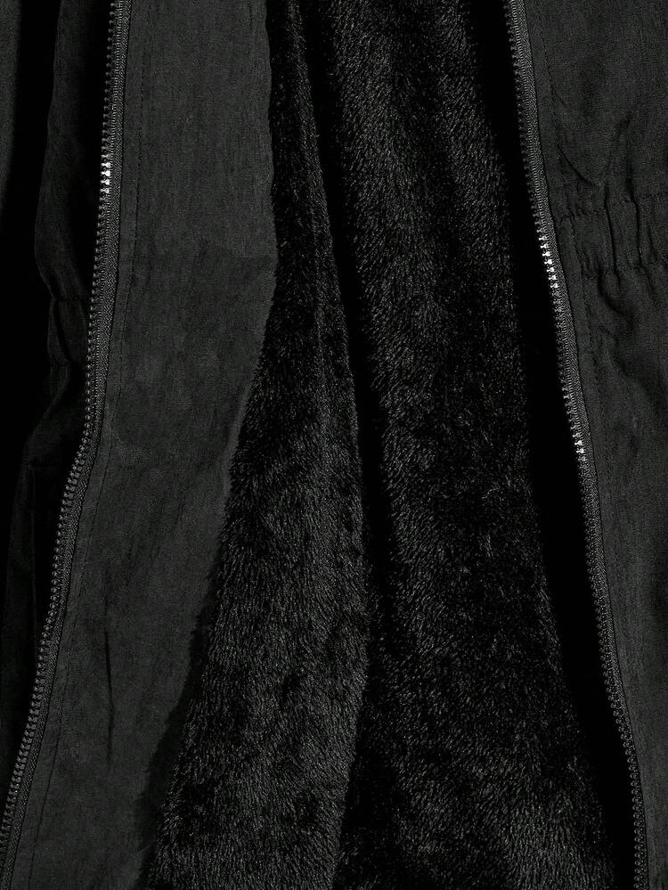 Men Fuzzy Hooded Flap Pocket Zip Up Coat