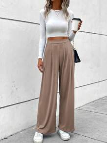 SHEIN LUNE High Waist Plicated Detail Wide Leg Pants - Khaki - View 4