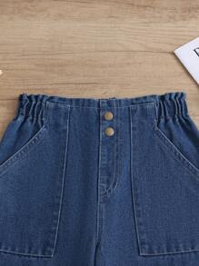 SHEIN 少女休闲波西米亚风假日平底阔腿牛仔裤，腰部平坦，口袋设计，适合日常夏季穿着 - 深色水洗藍 - 查看 4