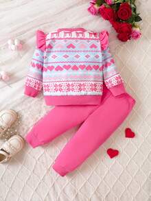 Đứa bé gái In Trái tim Viền Ruffle Áo len & Quần nỉ - Màu Hồng Tươi - Xem 2
