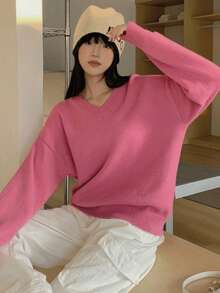 DAZY Patched Detail Drop Shoulder Sweater - Hot Pink - View 5
