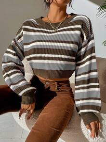 SHEIN Unity Striped Pattern Lantern Sleeve Crop Sweater - Multicolor - View 8