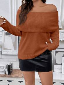 SHEIN Franclia Hơn Gấp lại Off Shoulder Đồ đan Ribbed Áo len - Rỉ Nâu - Xem 5