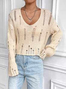 Flirla Solid Ripped Drop Shoulder Knit Pullover Fall Winter Sweater - Apricot - View 6