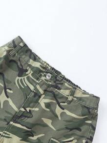 Teen Girl Camo Print Flap Pocket Side Cargo Jeans - Army Green - View 5