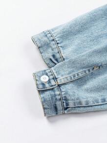 少女雙口袋單排扣短款牛仔外套 - 淺色水洗藍 - 查看 7