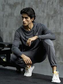 男士字母图案抽绳运动卫衣 - 深灰色 - 查看 6