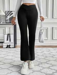 SHEIN LUNE Solid Flare Leg Thermal Pants - Black - View 4
