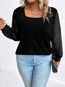SHEIN LUNE Plus Contrast Lace Lantern Sleeve Square Neck Top - Black - View 6