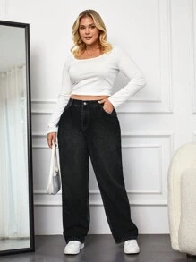 SHEIN Cottnline Plus Size Solid Color Jeans - Black - View 3