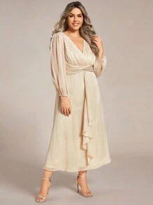 Plus Size Elegant Ruffle Hem Twist Detail Champagne Bridesmaid Dress Long Sleeve Formal Dress Fall Winter Wedding Guest Dresses Holiday Dress For Women