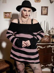 Calvaya Plus Striped Pattern Cold Shoulder Ripped Detail Sweater Knit Pullover Fall Winter Sweater - Pink - View 4