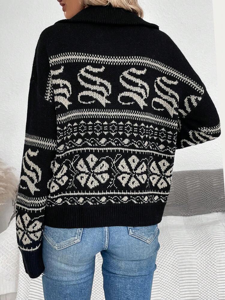 Geo Pattern Zipper Front Drop Shoulder Knit Pullover Fall Winter Sweater