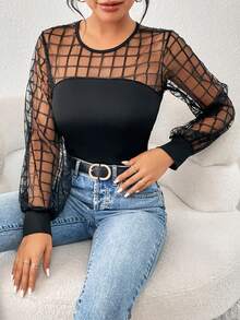 SHEIN Privé 網紗拼接拼接燈籠袖上衣 - 黑色 - 查看 6