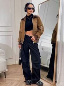 SHEIN Unity Letter Patched Detail Flap Pocket Drop Shoulder Zipper Jacket - Coffee Brown - View 6