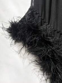 蕾絲拼接毛茸邊網紗鋼圈性感緊身連體衣 - 黑色 - 查看 4