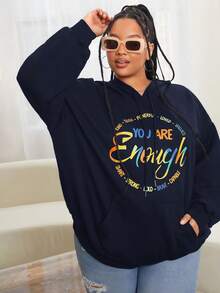 SHEIN CURVE+ 加大码字母图案袋鼠口袋落肩抽绳卫衣 - 藏蓝色 - 查看 4