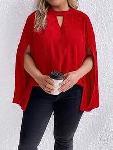 SHEIN Clasi Hơn Đường viền lỗ khóa Tách tay áo Áo sơ mi - Đỏ - Xem 4