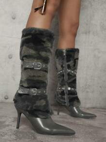 SHUZIA Camo Pattern Fuzzy Buckled Knee-High Boots - Multicolor - View 3