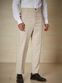 Calvornis Men Plus Plaid Print Slant Pocket Suit Pants - Khaki - View 3