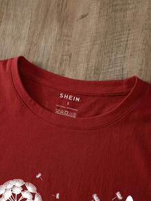 SHEIN EZwear Dandelion And Butterfly Print Tee - Red - View 3