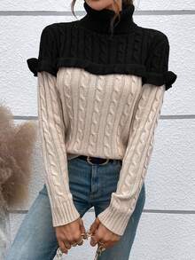 SHEIN Essnce Two Tone Turtleneck Ruffle Trim Cable Knit 2 In 1 Sweater - Multicolor - View 3