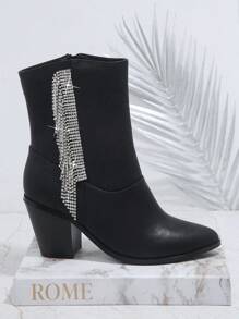 SHUZIA Đồ trang trí Rhinestone Dây kéo bên Gót thô Giày ống - màu đen - Xem 2