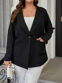 SHEIN CURVE+ Hơn Cổ áo Nút đơn Túi Kép Áo vest - màu đen - Xem 3