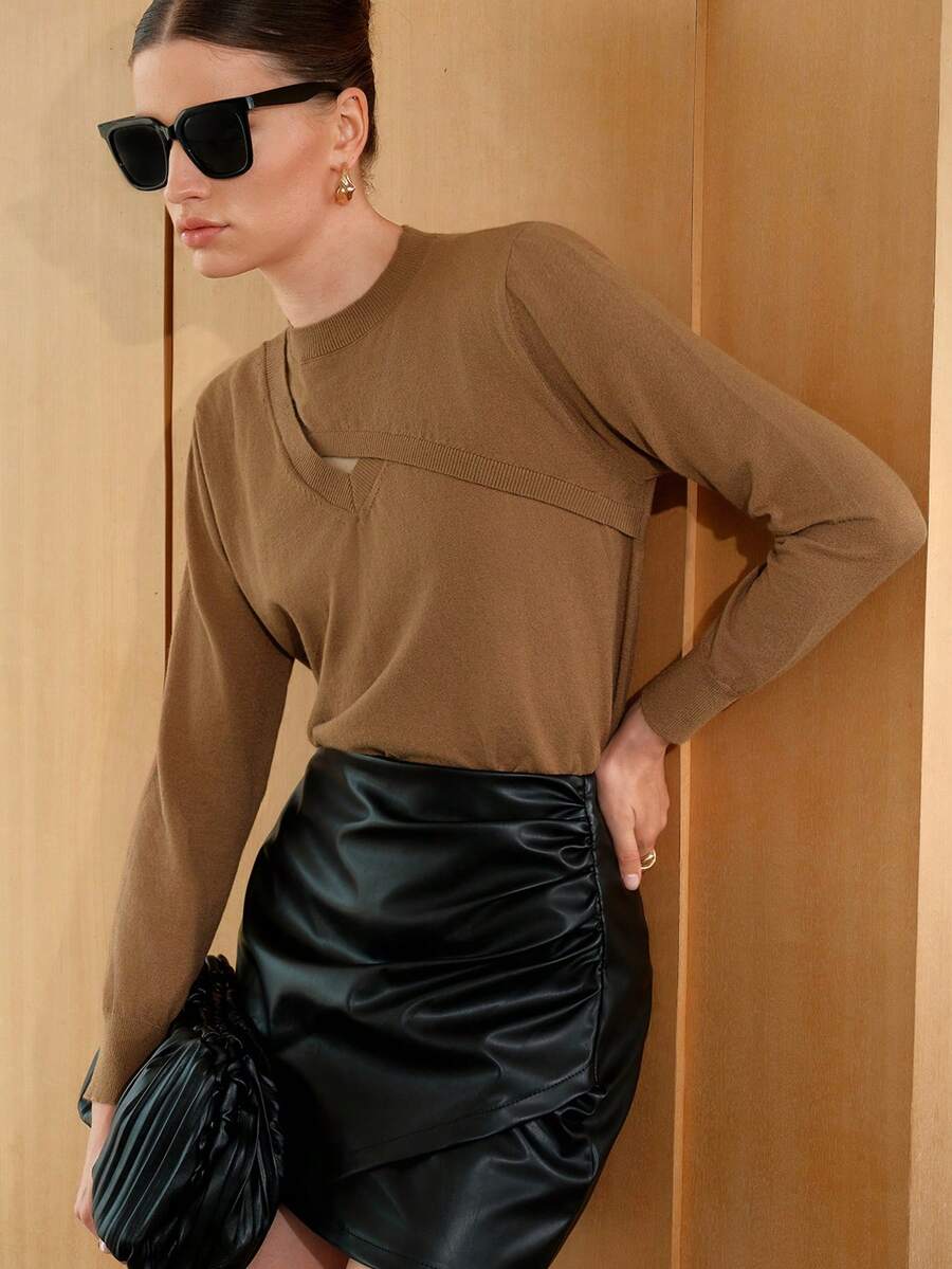 Chiquease Áo len chui đầu dáng suông, khoét eo, chất liệu trơn, thích hợp cho mùa thu đông. - Màu Khaki - Xem 1